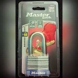 Master Lock Laminated Steel Padlock, 1 1/2in.H Shackle, 2 Keys Model# 1DLF